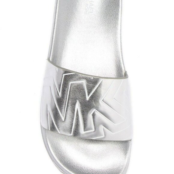 Michael Kors Gilmore Slides Metallic Silver MK Logo Women's Size 10 New In Box - Picture 1 of 15